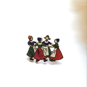 Vintage Holland Dutch Girls Folk Dancing Handmade Pin Brooch Enamel